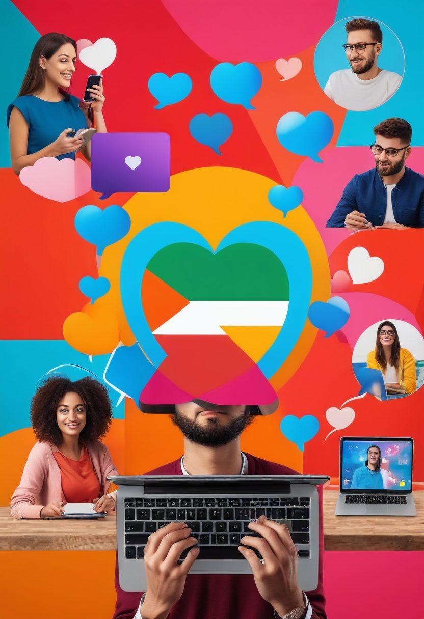 A vibrant digital collage showcasing various chat platform interfaces on a Bulgarian flag background, with diverse people communicating and building connections through various devices like smartphones and laptops. Incorporate symbols of community such as chat bubbles or hearts interspersed throughout the design. Bright colors with a techy feel to resonate with digital communication. 3D, vibrant colors, dynamic composition.
