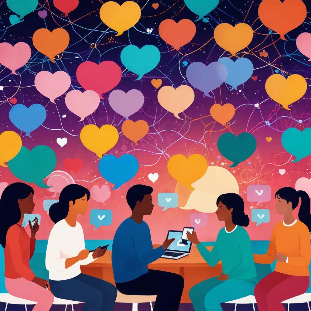A vibrant virtual landscape depicting diverse chat room avatars engaging in deep conversations, with cultural Bulgarian symbols subtly integrated in the background. Include a glowing network of interconnected hearts and chat bubbles, symbolizing meaningful connections and communication. The setting should convey warmth and inclusivity, illustrating the essence of community. Bright colors and a slightly whimsical style enhance the positive atmosphere. digital art. vibrant colors.